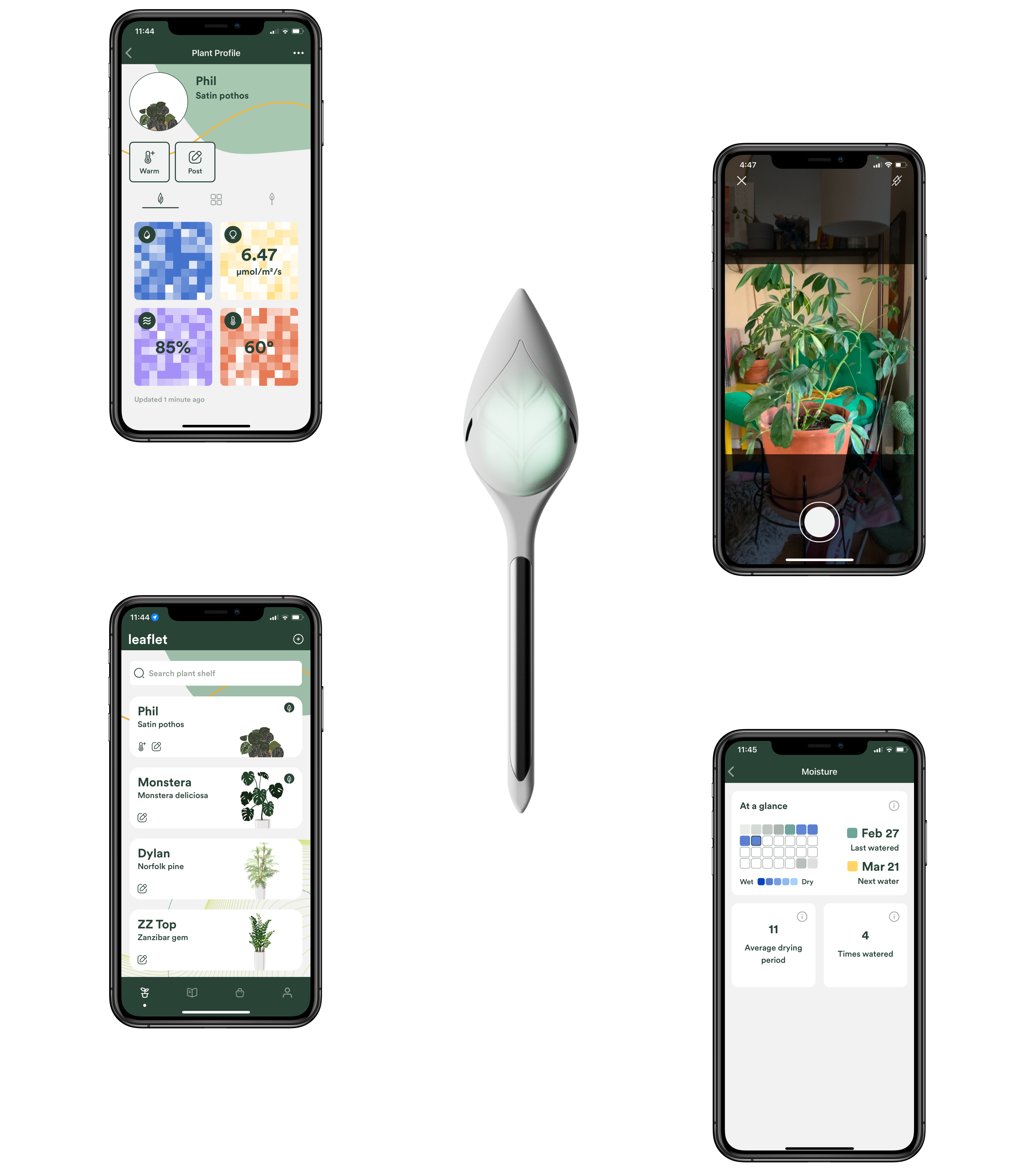 Image of An image with a 3D rendering of leaflet plant sensor in the center with 4 cell phone mocks with screens from the leaflet app.  The screens are the plant profile, the plant shelf, the plant id, and the moisture detail screen. 