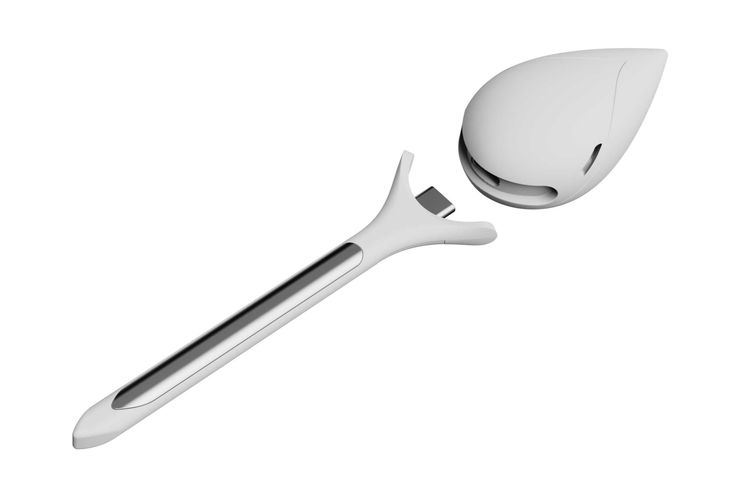 Image of A 3D rendering of a diagonal leaflet plant sensor with the head and probe separated slightly. 