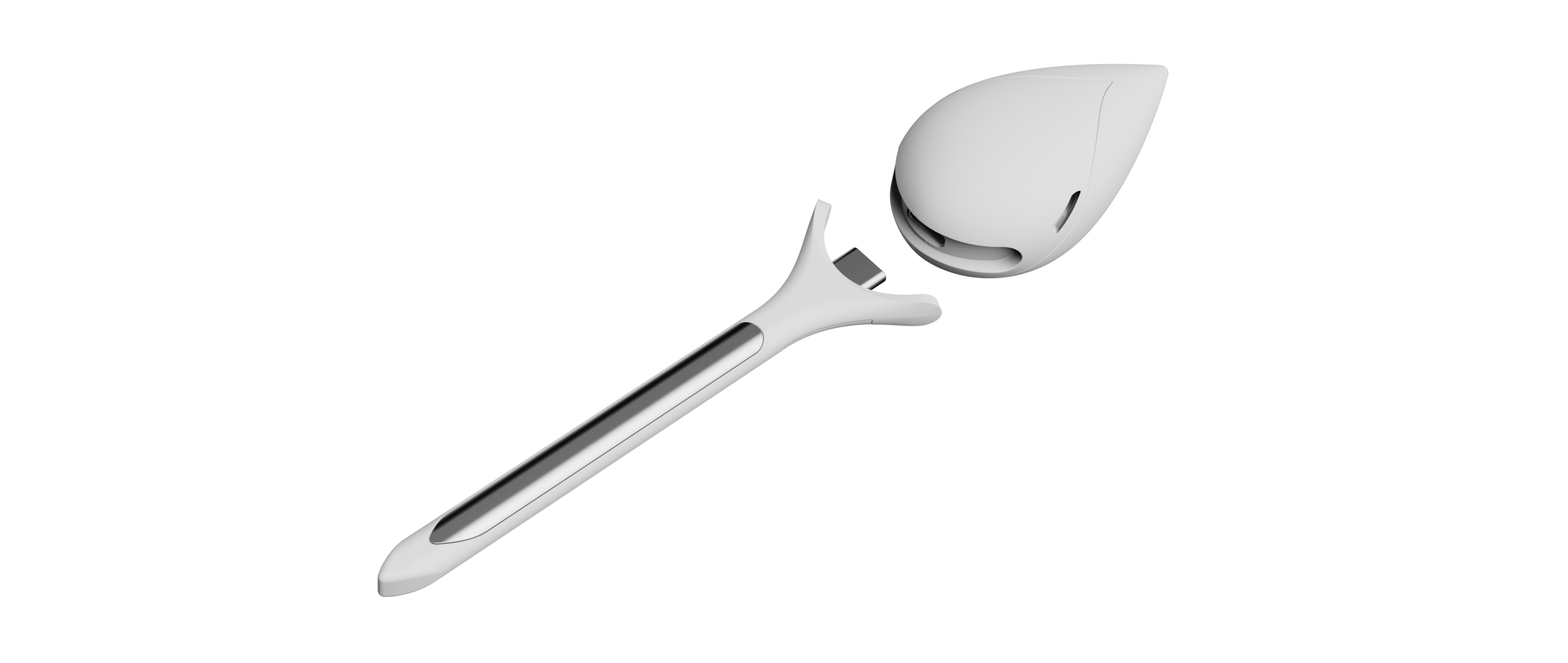 Image of A 3D rendering of a diagonal leaflet plant sensor with the head and probe separated slightly. 