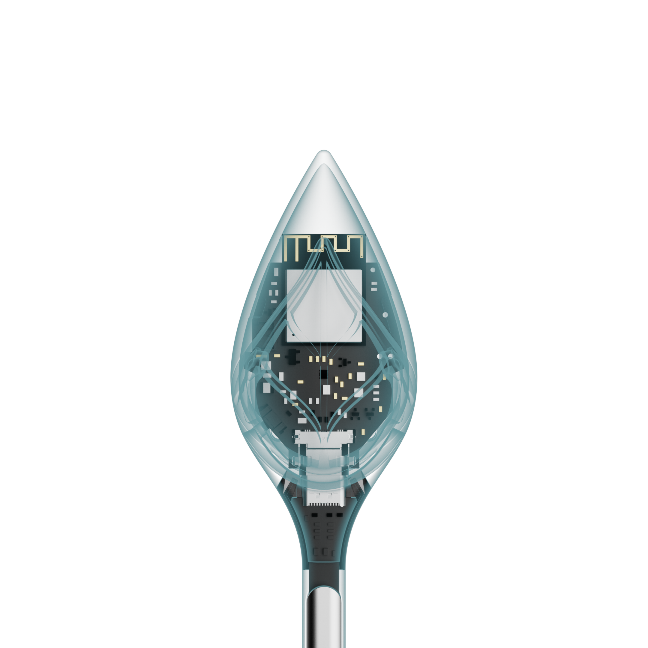 Image of A 3D rendering of the leaflet plant sensor head in an x-ray view that shows the inside components. 