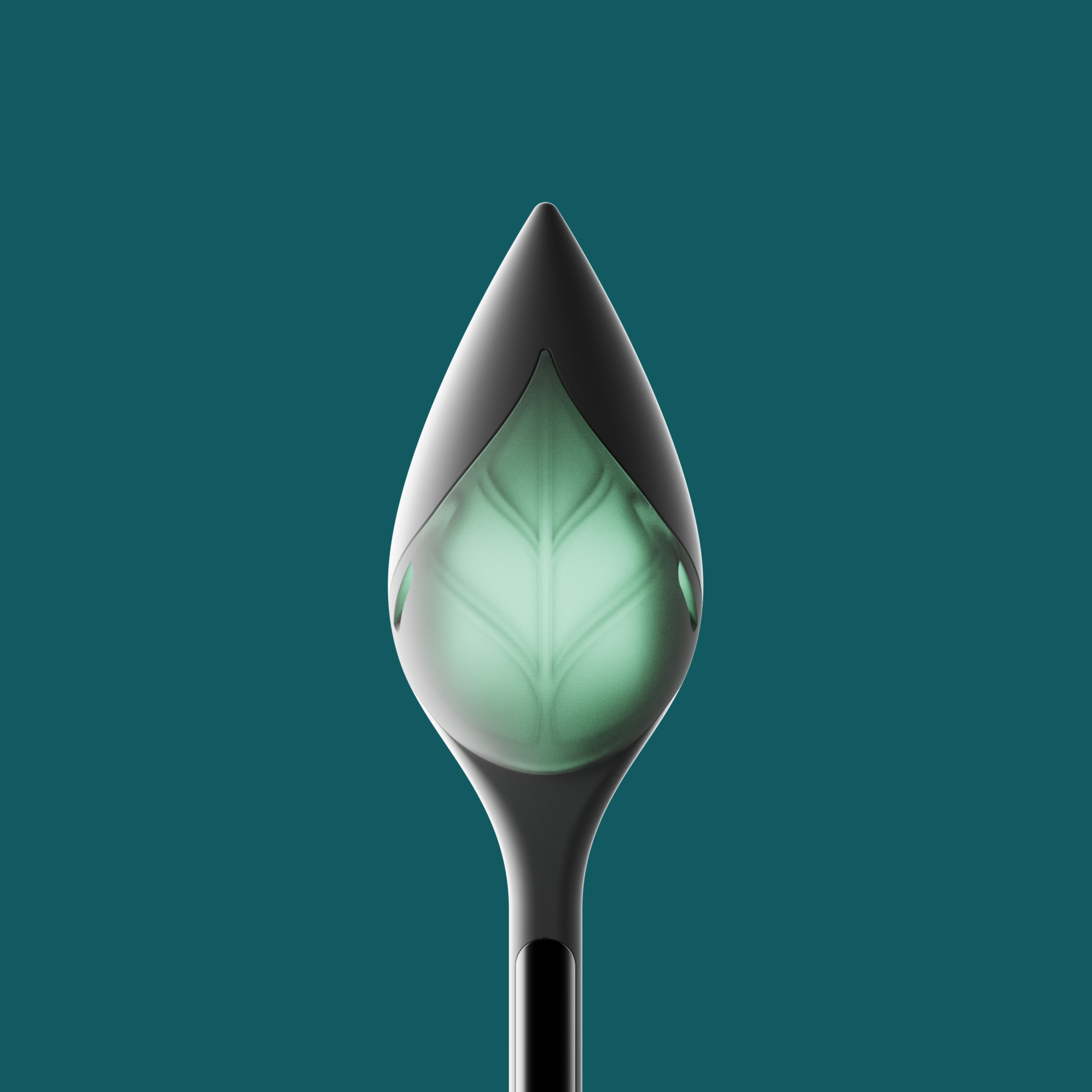 Image of Teal background with a 3D rendering of the top half of leaflet plant sensor with the sensor head glowing a light green.